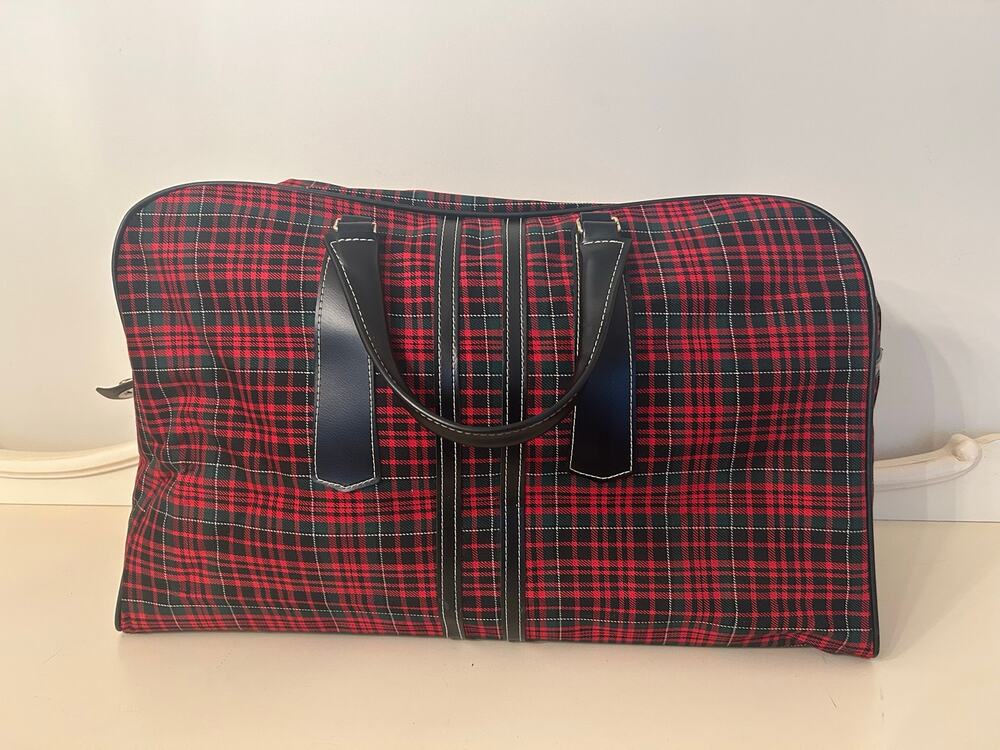 Vintage Red Tartan Plaid Weekender Bag Travel Duffel Luggage Carry On 21” Retro